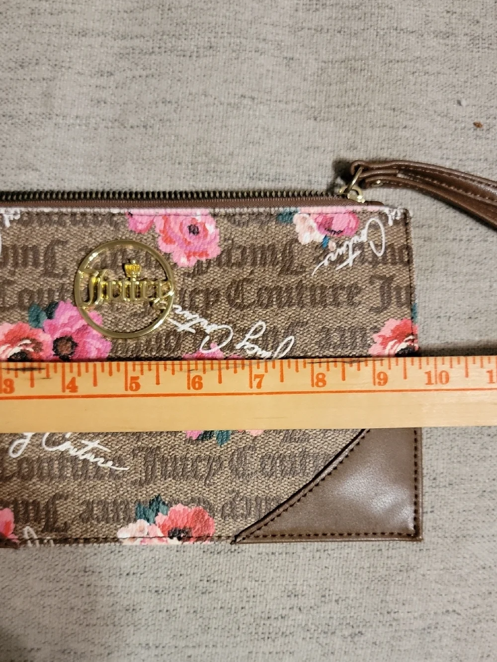 Floral Brown Wristlet Clutch with Gold Emblem - Picture 9 of 11